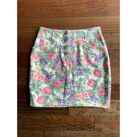 90s vintage pastel floral print high waist rise button up denim jean mini skirt - Picture 8 of 9